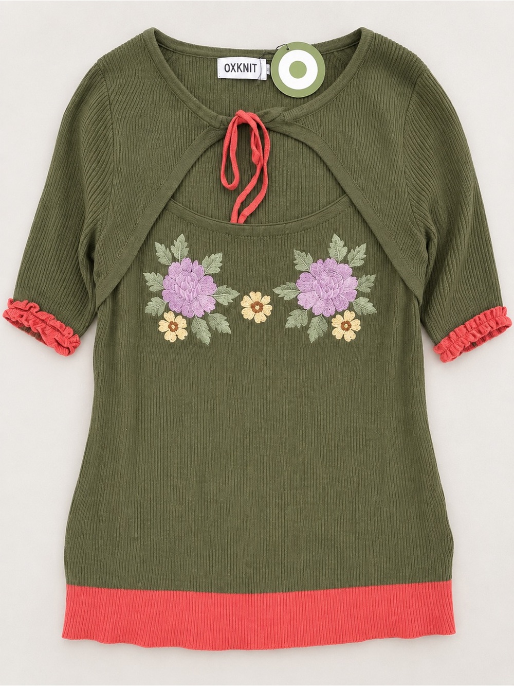OXKNIT Olive Green Floral Embroidered Knit Top – Coral Trim – NWT - Picture 2 of 2